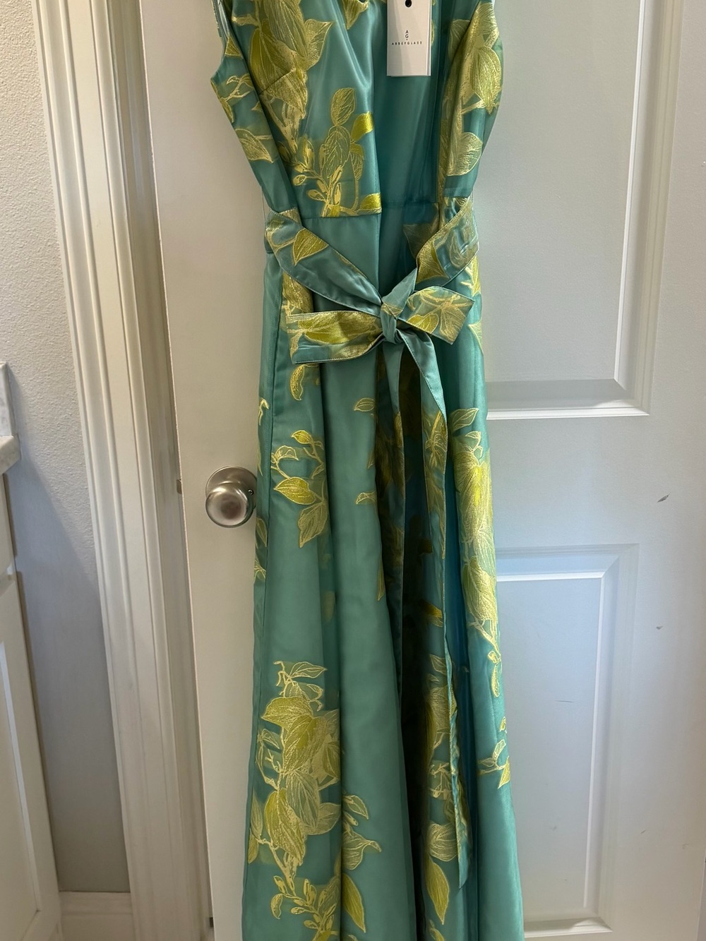 Abbey Glass Teal Green Floral Maxi Dress with Self-Tie Waist